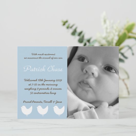 5x7 Baby Boy Blue 3 Vogels Foto Aankondiging Geboo (Staand voorkant)