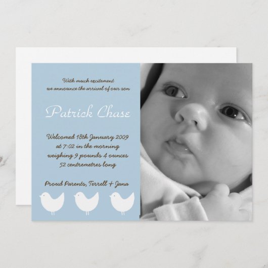 5x7 Baby Boy Blue 3 Vogels Foto Aankondiging Geboo (Voorkant / Achterkant)