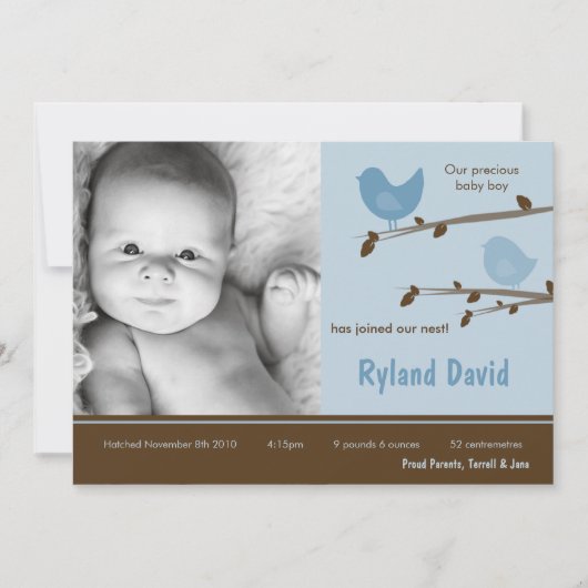 5x7 Baby Boy Blue Birdsl Foto geboorteaankondiging Aankondiging (Voorkant)