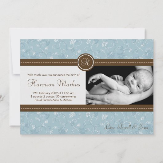5x7 Baby Boy Blue Floral Foto geboorteaankondiging Aankondiging (Voorkant)