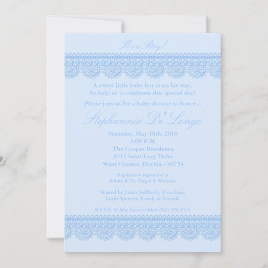 5x7 Baby Boy Blue Lace Baby shower Uitnodiging (Voorkant)