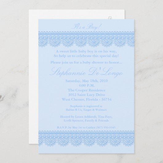 5x7 Baby Boy Blue Lace Baby shower Uitnodiging (Voorkant / Achterkant)
