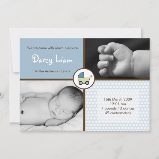 5x7 Baby BoyBlue Stroller Fotogeboorteaankondiging Aankondiging (Voorkant)