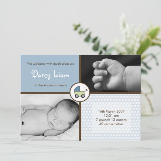 5x7 Baby BoyBlue Stroller Fotogeboorteaankondiging Aankondiging (Staand voorkant)