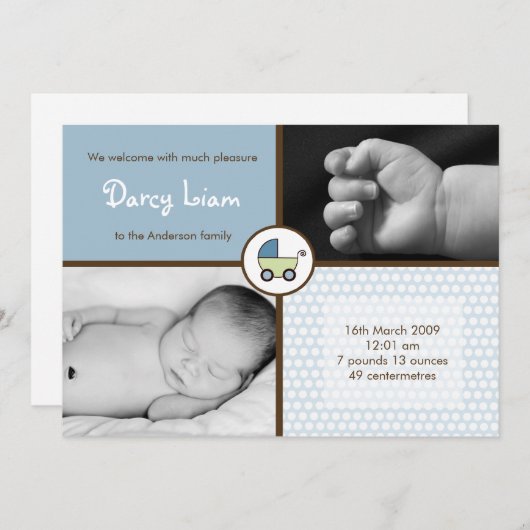 5x7 Baby BoyBlue Stroller Fotogeboorteaankondiging Aankondiging (Voorkant / Achterkant)