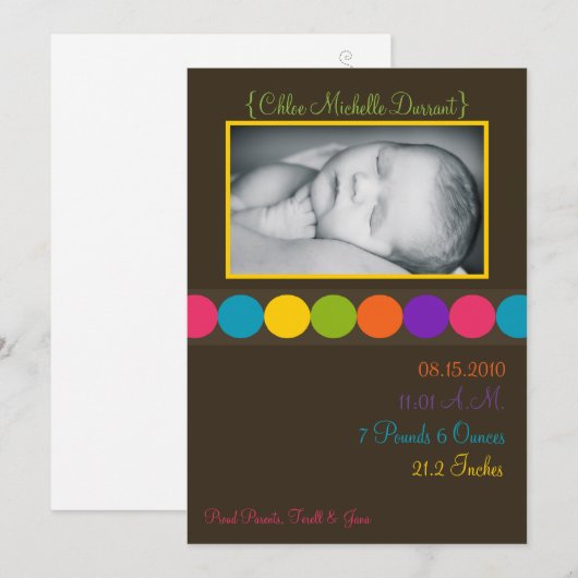 5x7 Baby Meisje Bruin Polka Foto Aankondiging Gebo (Voorkant / Achterkant)