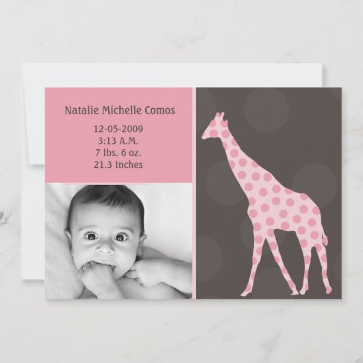 5x7 Baby Meisje PinkGiraffe Foto Aankondiging Gebo (Voorkant)