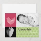 5x7 Baby Meisje Roze Vogel Foto Aankondiging Geboo (Voorkant / Achterkant)