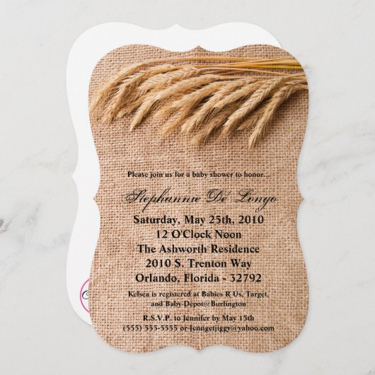 5x7 Baby shower Invitation Tarwe op Burlap Sack Co Kaart (Voorkant / Achterkant)