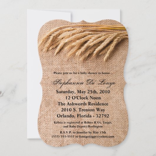 5x7 Baby shower Invitation Tarwe op Burlap Sack Co Kaart (Voorkant)