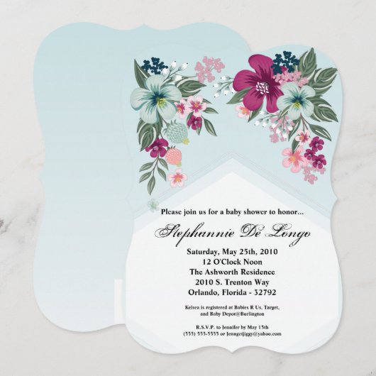 5x7 Baby shower Invitation Tropische Bloem op Blau Kaart (Voorkant / Achterkant)