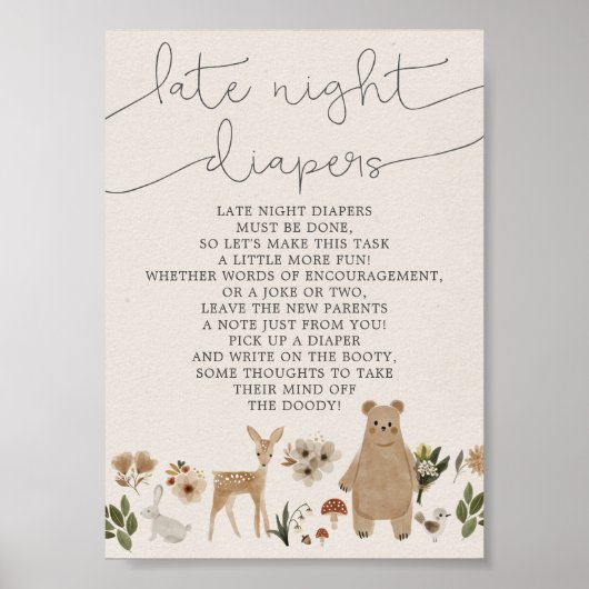 5x7 Baby shower Late Night Diapers Boho Woodland Poster (Voorkant)