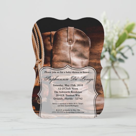 5x7 Baby shower Uitnodiging Cowboy Boots Barn Wood (Staand voorkant)