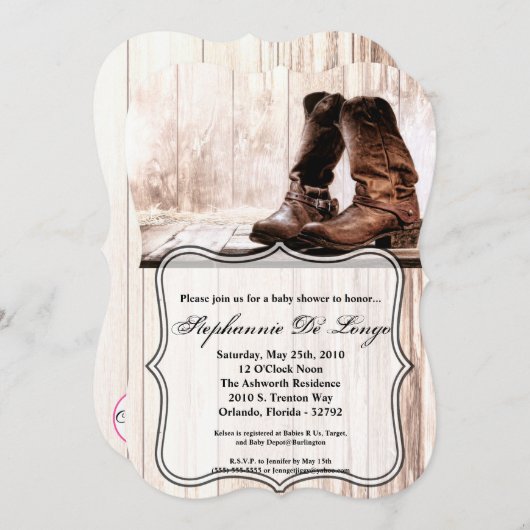 5x7 Baby shower Uitnodiging laarzen land rustiek w (Voorkant / Achterkant)