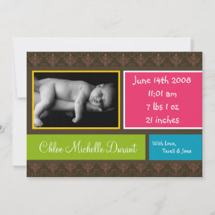 5x7 BabyGirl Brown Damask Foto Aankondiging Geboor