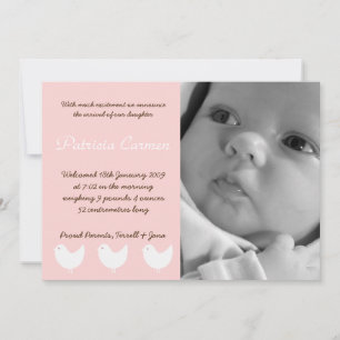 5x7 BabyGirl Roze 3 Vogels Foto Aankondiging Geboo