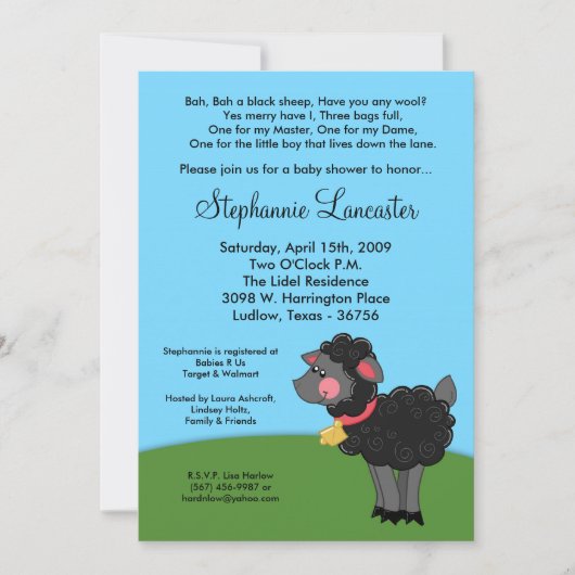 5x7 Bah Black Sheep Nursery Baby shower Uitnodigin Kaart (Voorkant)