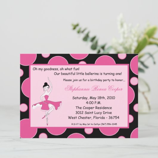 5x7 Ballerina Dance Birthday Party Invitation Kaart (Staand voorkant)
