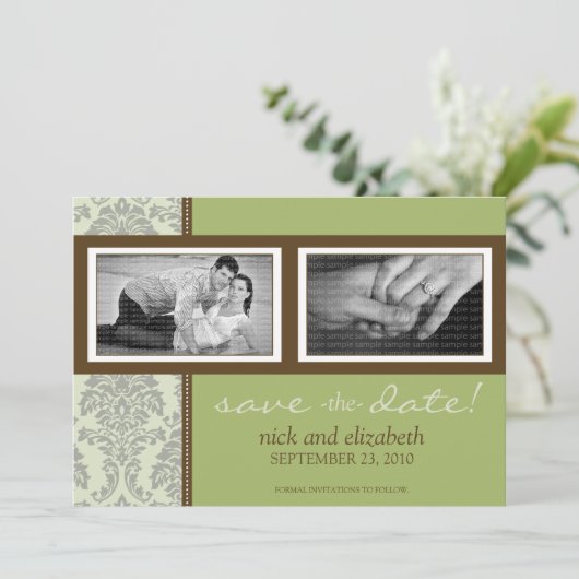 5x7 Barokaas/bruin twee foto's met sparen op datum Save The Date (Staand voorkant)