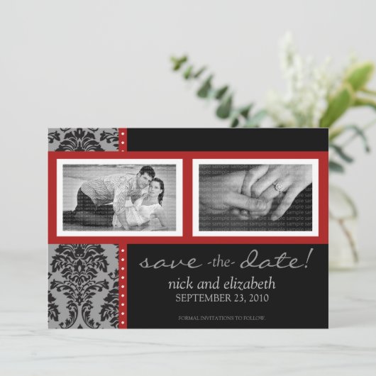 5X7 Baronische Rood/Zwart Twee-foto's Opslaan Datu Save The Date (Staand voorkant)