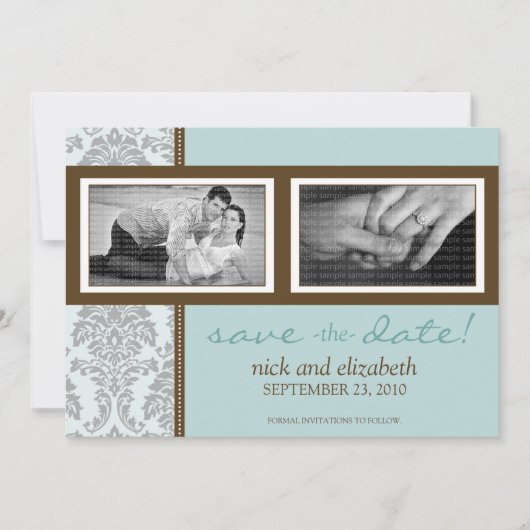 5x7 Baroque Aqua/Brown Two-Photo Save the Date (Voorkant)