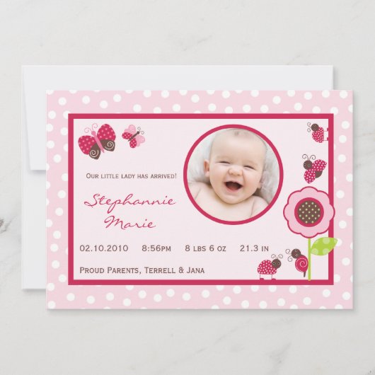 5x7 Berry Garden Lady Bug Foto geboorteaankondigin Aankondiging (Voorkant)