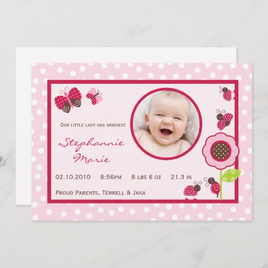 5x7 Berry Garden Lady Bug Foto geboorteaankondigin Aankondiging (Voorkant / Achterkant)