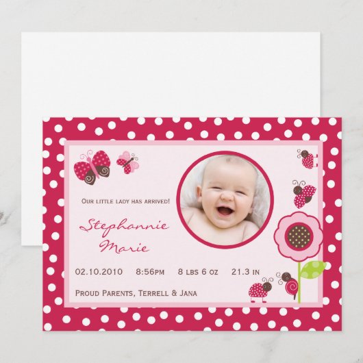 5x7 Berry Garden Lady Bug Foto geboorteaankondigin Aankondiging (Voorkant / Achterkant)