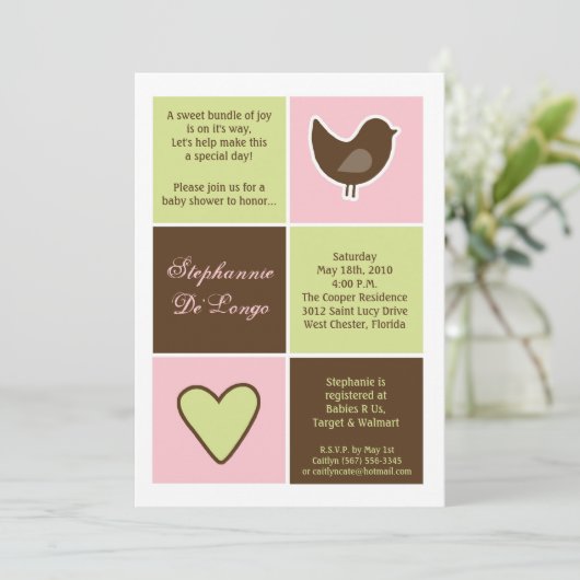 5x7 Bird and Heart Blocks Baby shower Uitnodiging (Staand voorkant)