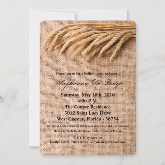 5x7 'Birthday Invitation Wheat on Burlap Sack Coun Kaart (Voorkant)