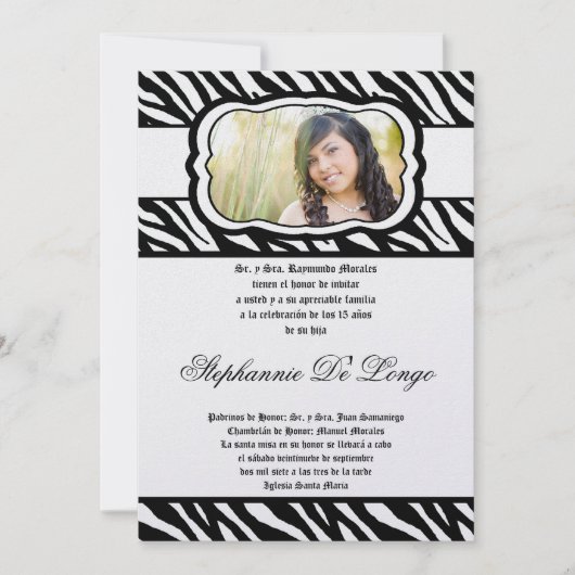 5x7 Blac Zebra Print Patter Quinceanera Uitnodigin Kaart (Voorkant)
