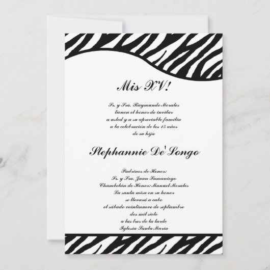5x7 Black and White Zebra Quinceanera Party nodigt Kaart (Voorkant)