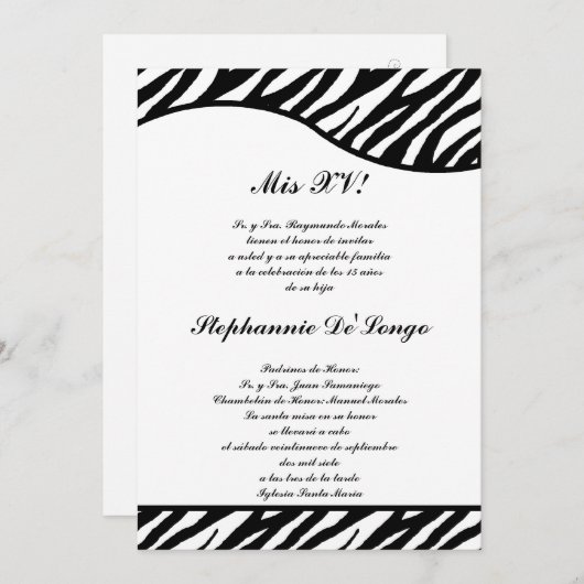 5x7 Black and White Zebra Quinceanera Party nodigt Kaart (Voorkant / Achterkant)