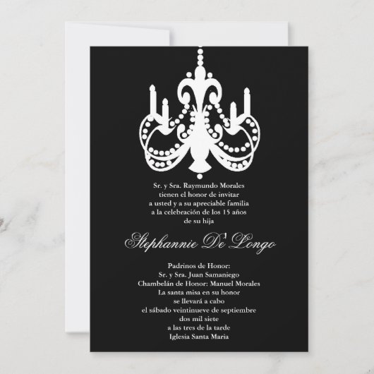 5x7 Black Chandelier Quinceanera Party Invitation Kaart (Voorkant)