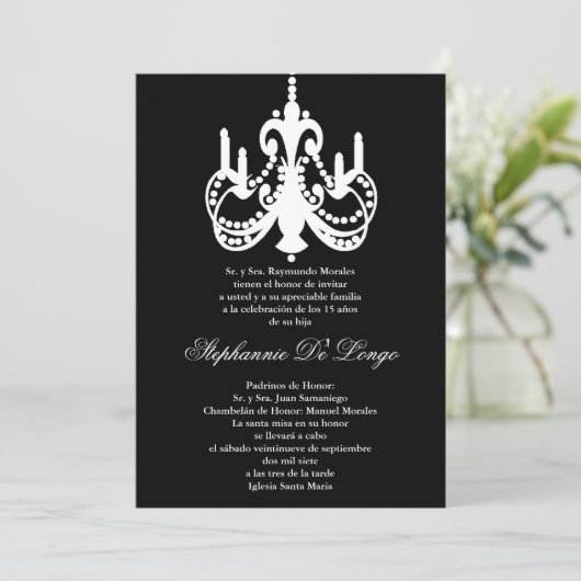 5x7 Black Chandelier Quinceanera Party Invitation Kaart (Staand voorkant)