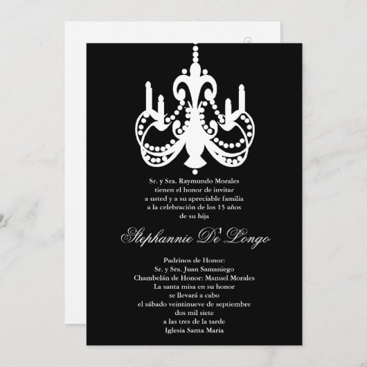 5x7 Black Chandelier Quinceanera Party Invitation Kaart (Voorkant / Achterkant)