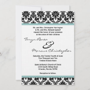 5x7 Black Damask Blue Linen Wedding Invite Kaart