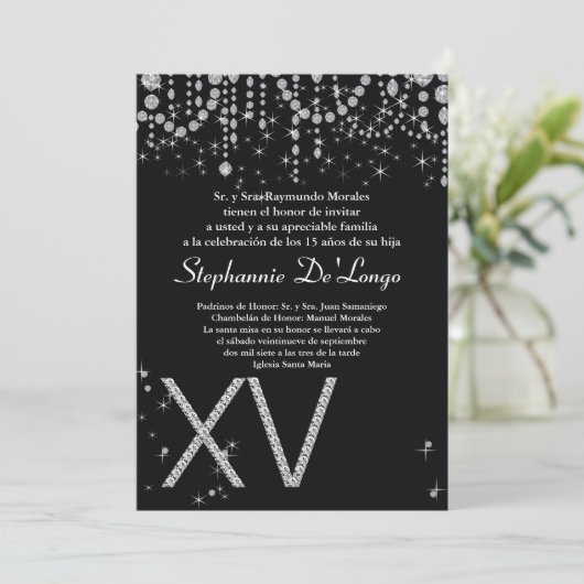 5x7 Black Diamond Quinceanera Birthday Uitnodiging (Staand voorkant)