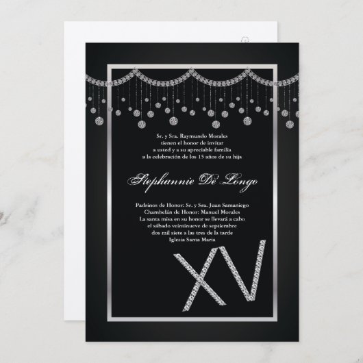 5x7 Black Diamond Quinceanera Verjaardag Uitnodigi Kaart (Voorkant / Achterkant)