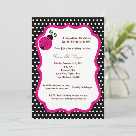 5x7 Black Lady Bug Birthday Party uitnodigen Kaart (Staand voorkant)