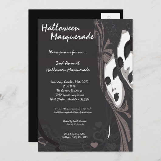 5x7 Black Masquerade Halloween Costume Invitation Kaart (Voorkant / Achterkant)