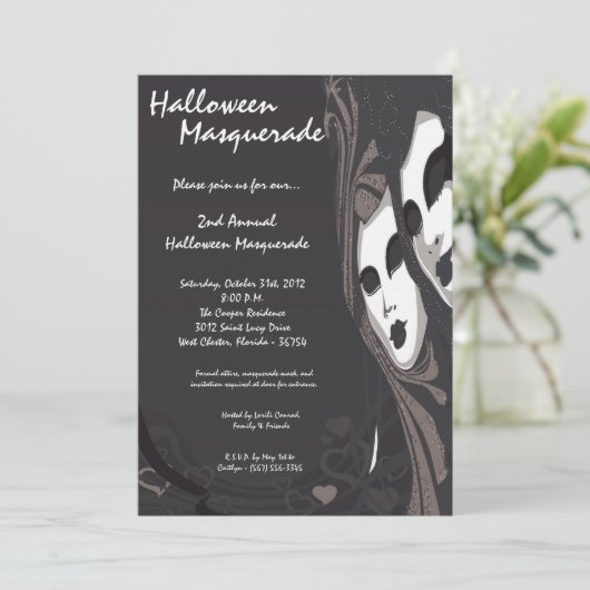 5x7 Black Masquerade Halloween Costume Invitation Kaart (Staand voorkant)