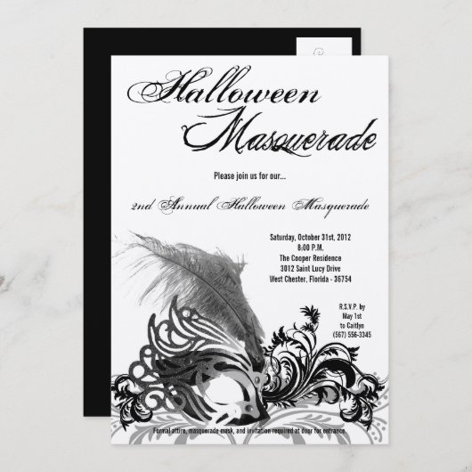 5x7 Black Masquerade Halloween Costume Invitation Kaart (Voorkant / Achterkant)
