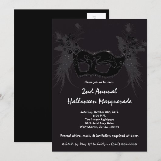 5x7 Black Masquerade Halloween Costume Invitation Kaart (Voorkant / Achterkant)
