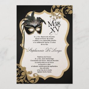 5x7 Black Masquerade Mask Quinceanera Uitnodiging