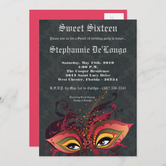 5x7 Black Masquerade Sweet 16 Verjaardag Uitnodigi Kaart (Voorkant / Achterkant)