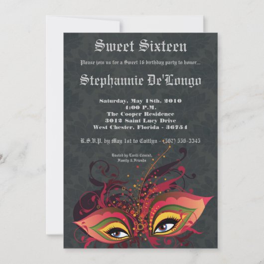 5x7 Black Masquerade Sweet 16 Verjaardag Uitnodigi Kaart (Voorkant)