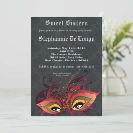 5x7 Black Masquerade Sweet 16 Verjaardag Uitnodigi Kaart (Staand voorkant)