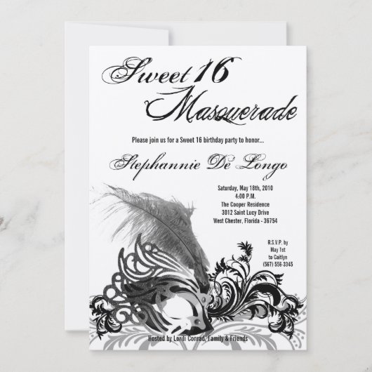 5x7 Black Masquerade Sweet 16 Verjaardag Uitnodigi Kaart (Voorkant)
