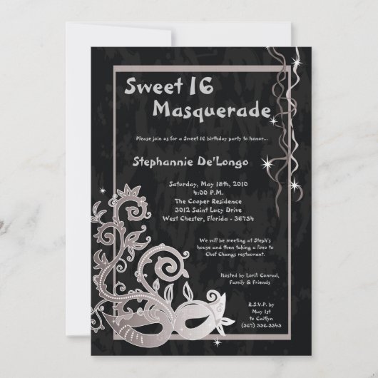 5x7 Black Masquerade Sweet 16 Verjaardag Uitnodigi Kaart (Voorkant)
